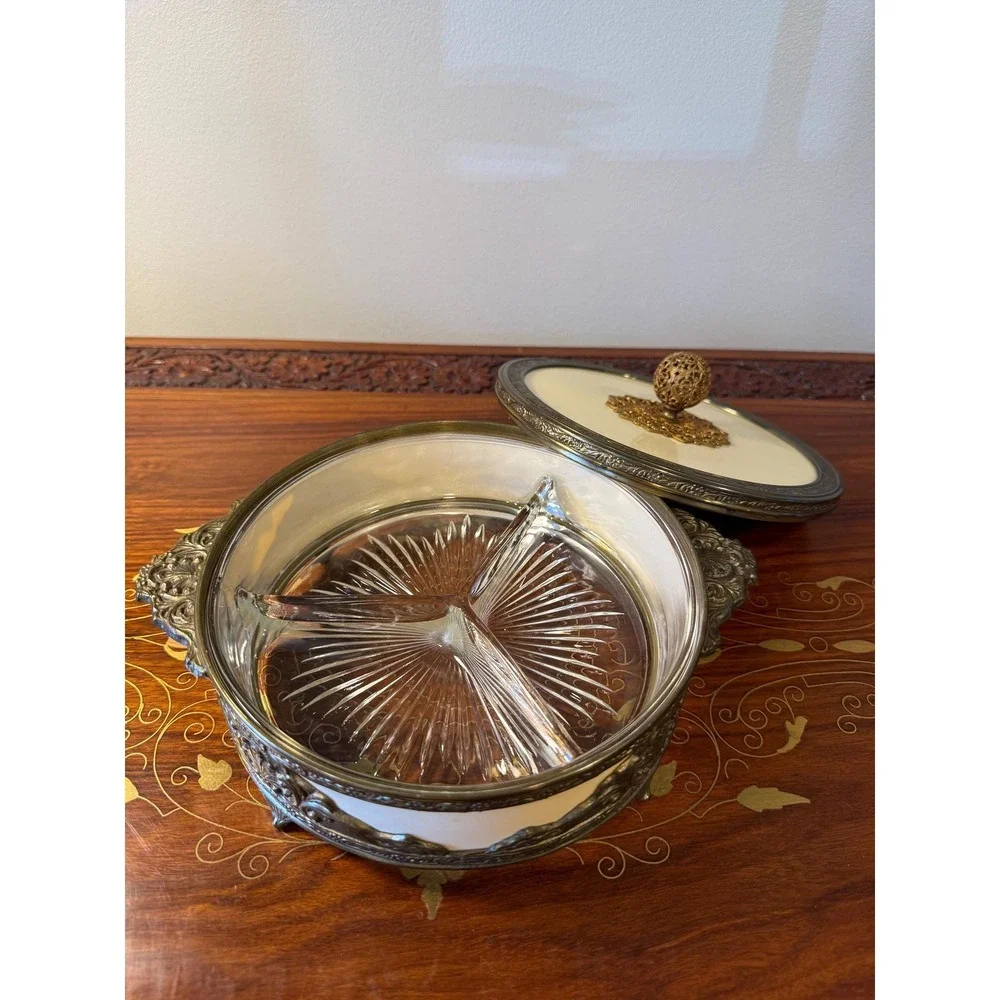 Vintage‎ Brass Vanity Dish with Lid, Hollywood Regency Trinket Box